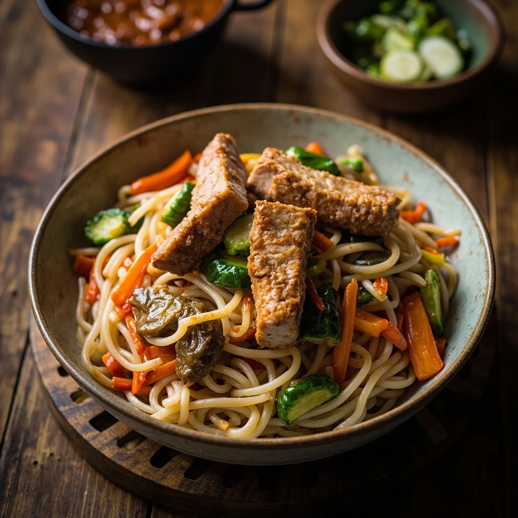 Légumes et porc cuits à la vapeur avec nouilles de riz