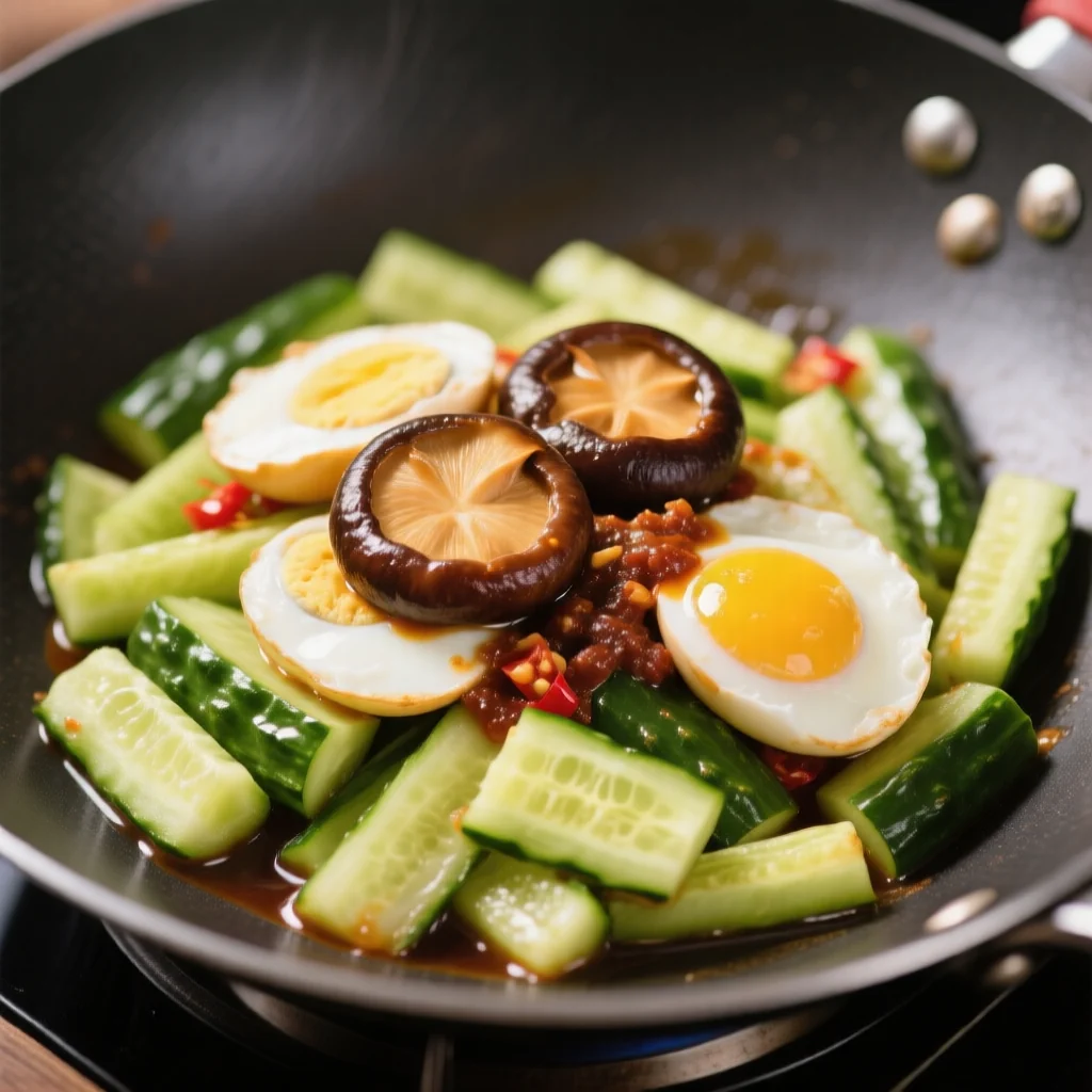 Concombre et œufs sautés à la sauce aux champignons
