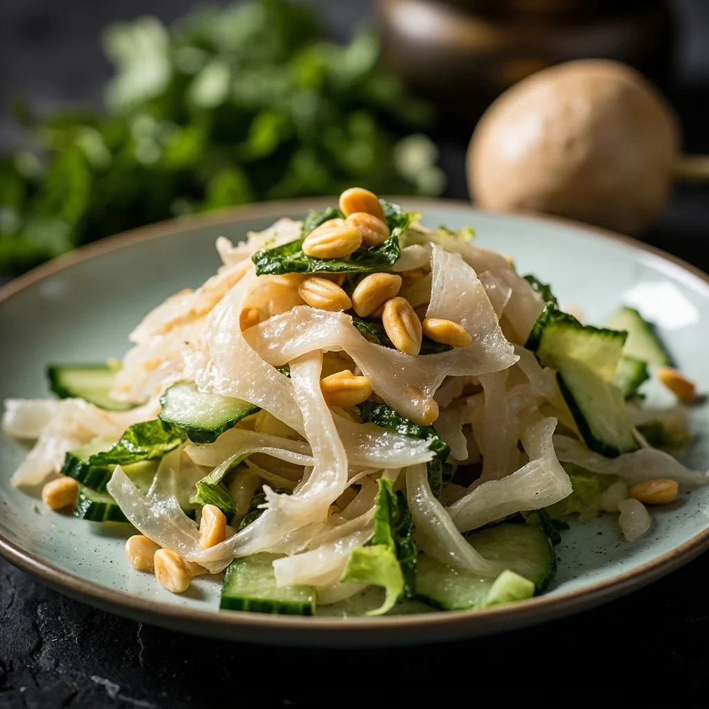 Salade de méduse aux feuilles de périlla et pignons