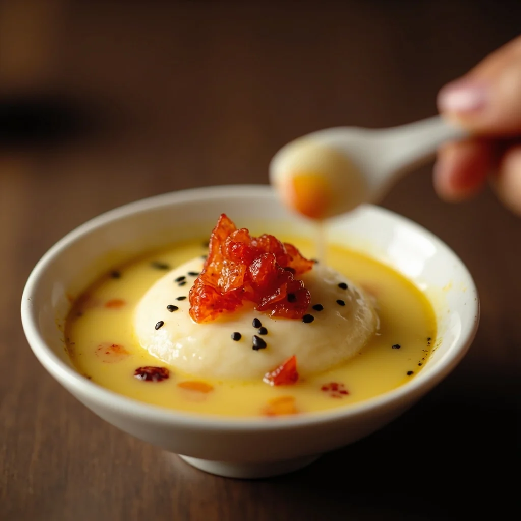 Crème caramel vapeur à la longane et à la sésame noir