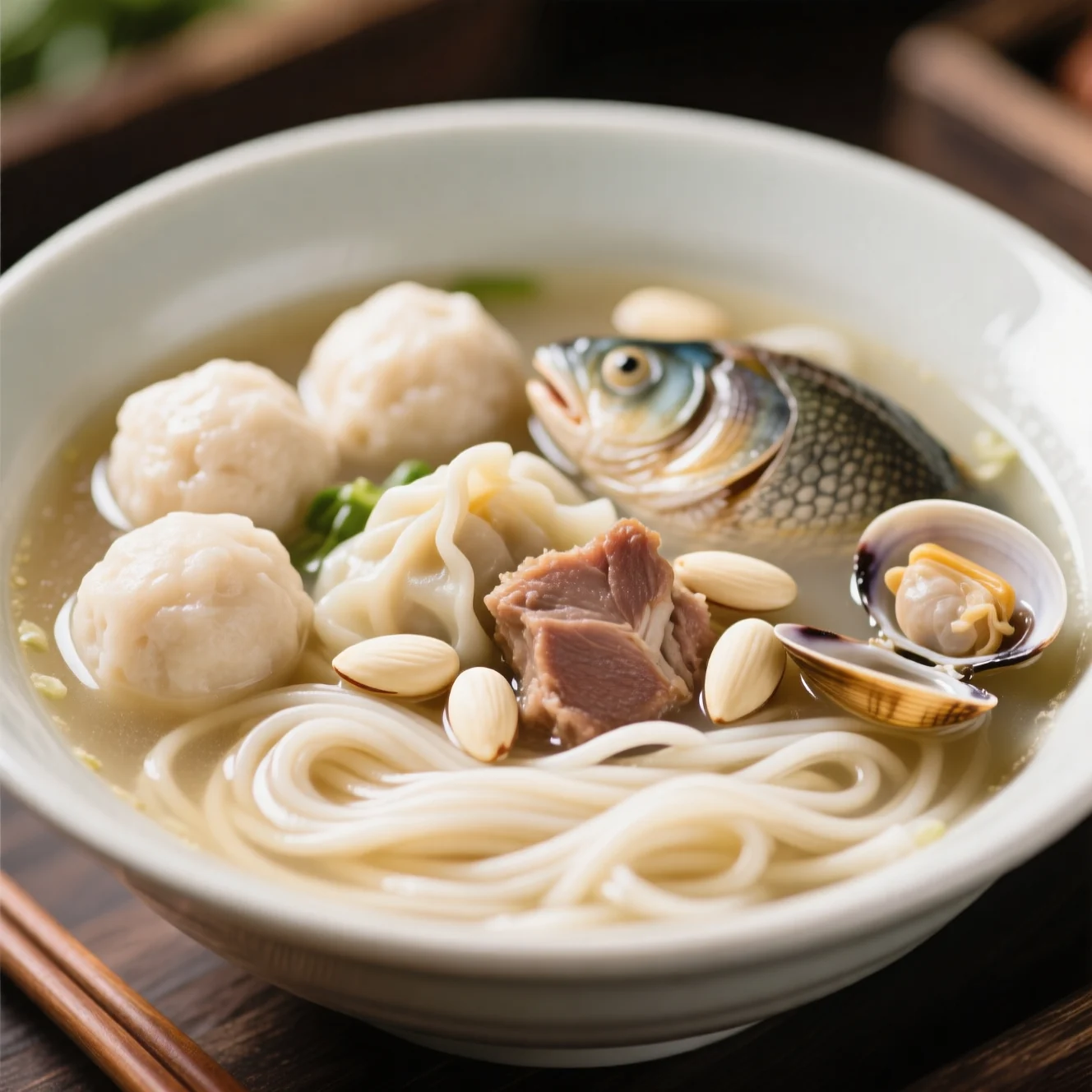 Soupe de nouilles aux boulettes de poisson, palourdes et amandes blanches