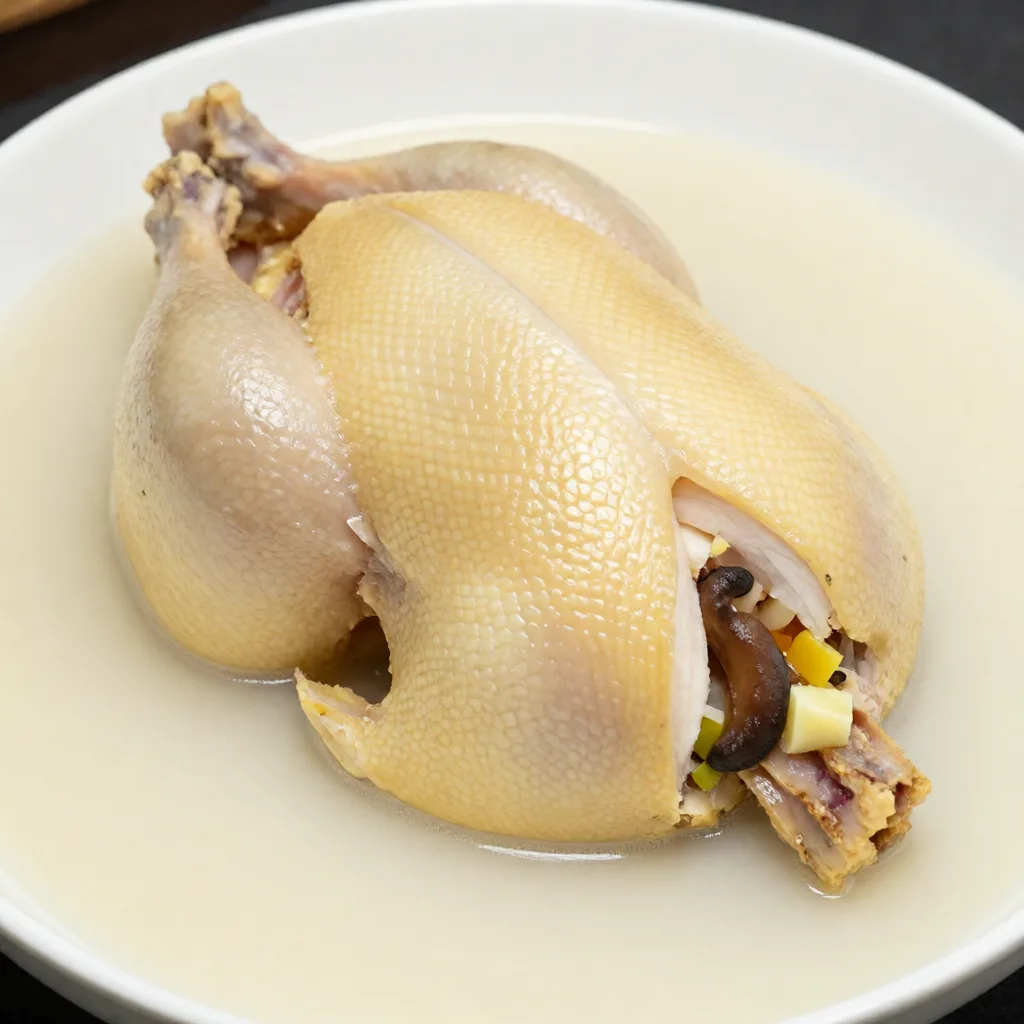 Poulet en bourse aux huit trésors en bouillon lacté