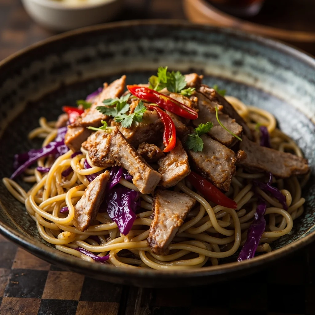 Nouilles de verre sautées au chou violet et canard