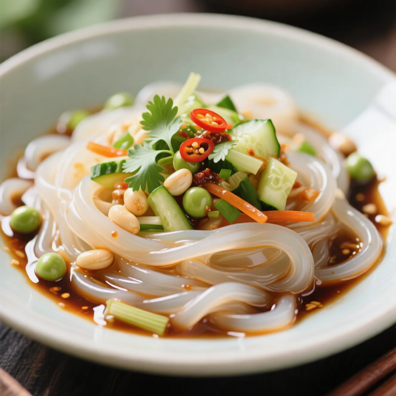 Nouilles de fécule de pois froides avec sauce salée