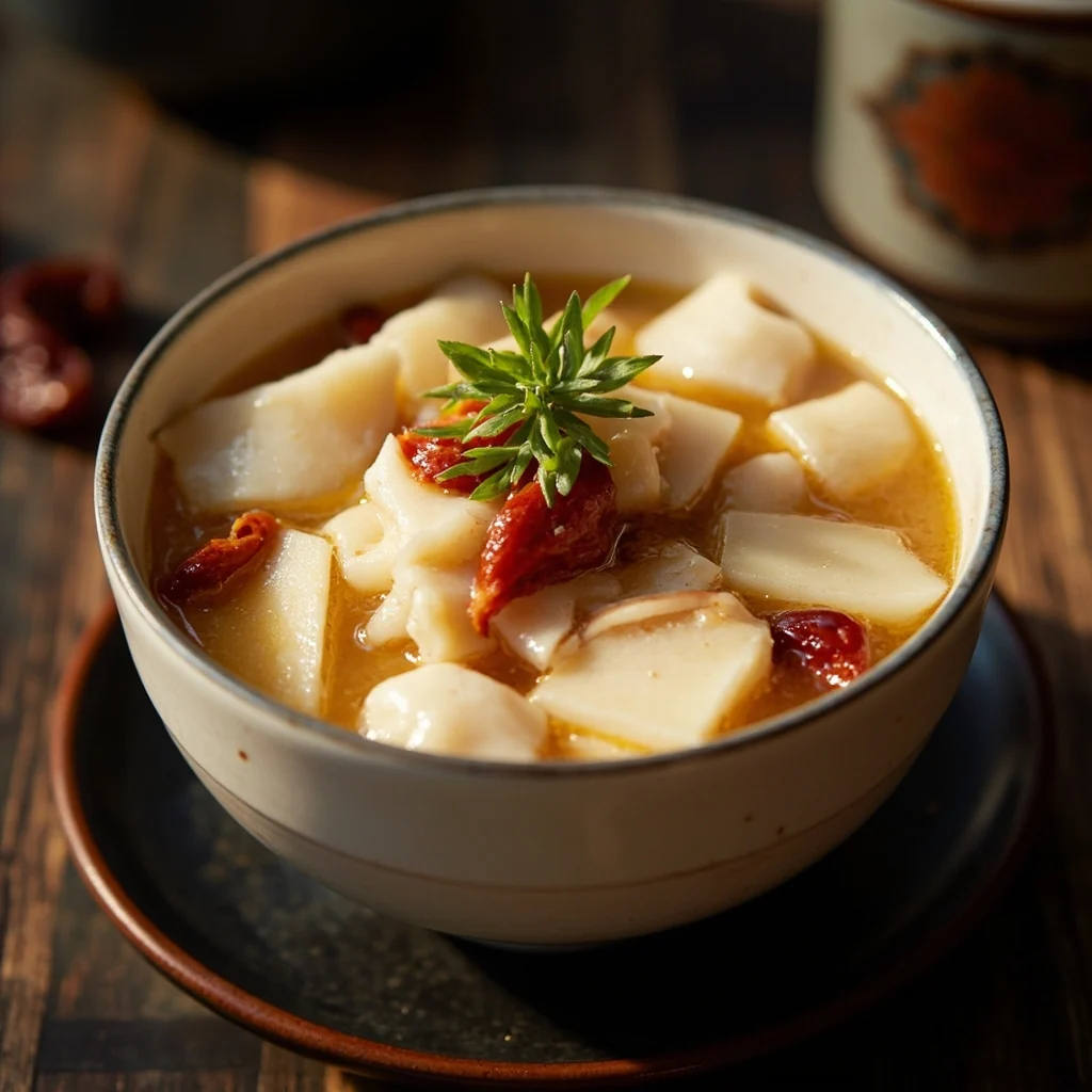 Soupe sucrée aux champignons blancs et poires