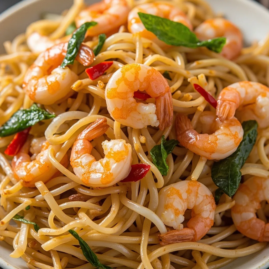 Sauté de crevettes fraîches aux champignons enoki et à l'ail