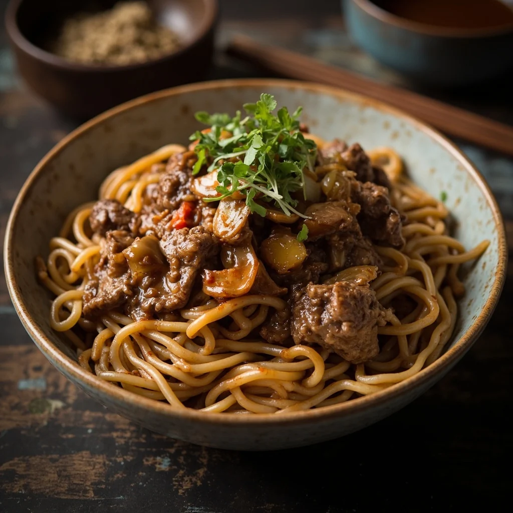 Nouilles au bœuf et sauce aux champignons