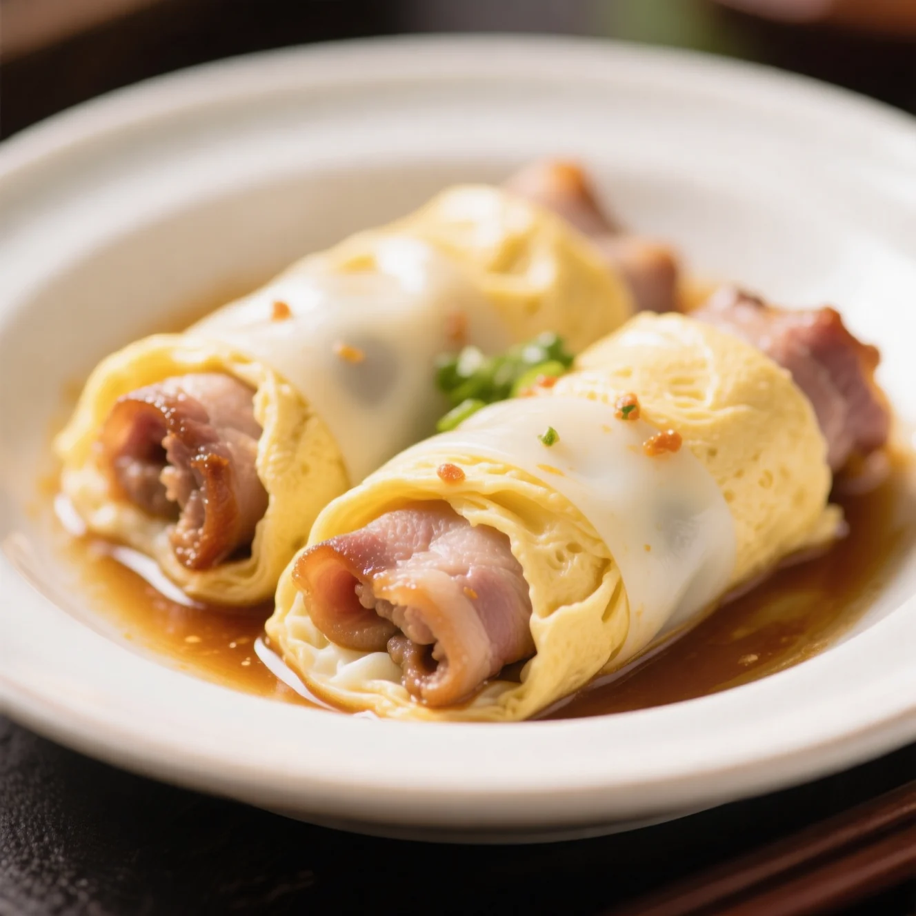 Roulés d'œufs et porc cuits à la vapeur