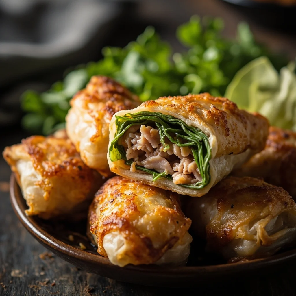 Nems de printemps cuits au four avec du porc et le capselle bourse-à-pasteur