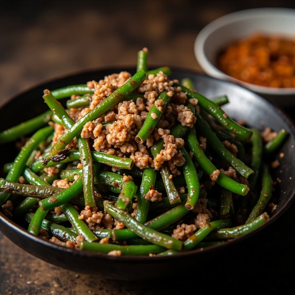 Haricots verts sautés secs au porc