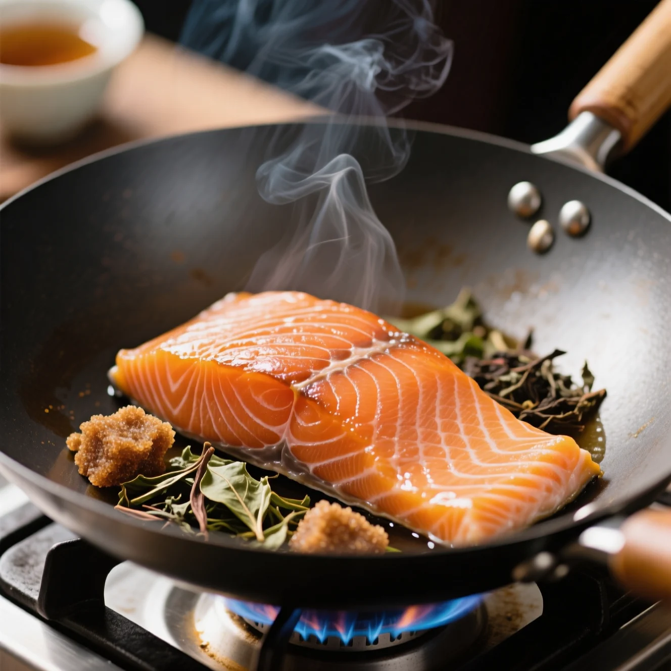 Saumon fumé au thé sur la cuisinière