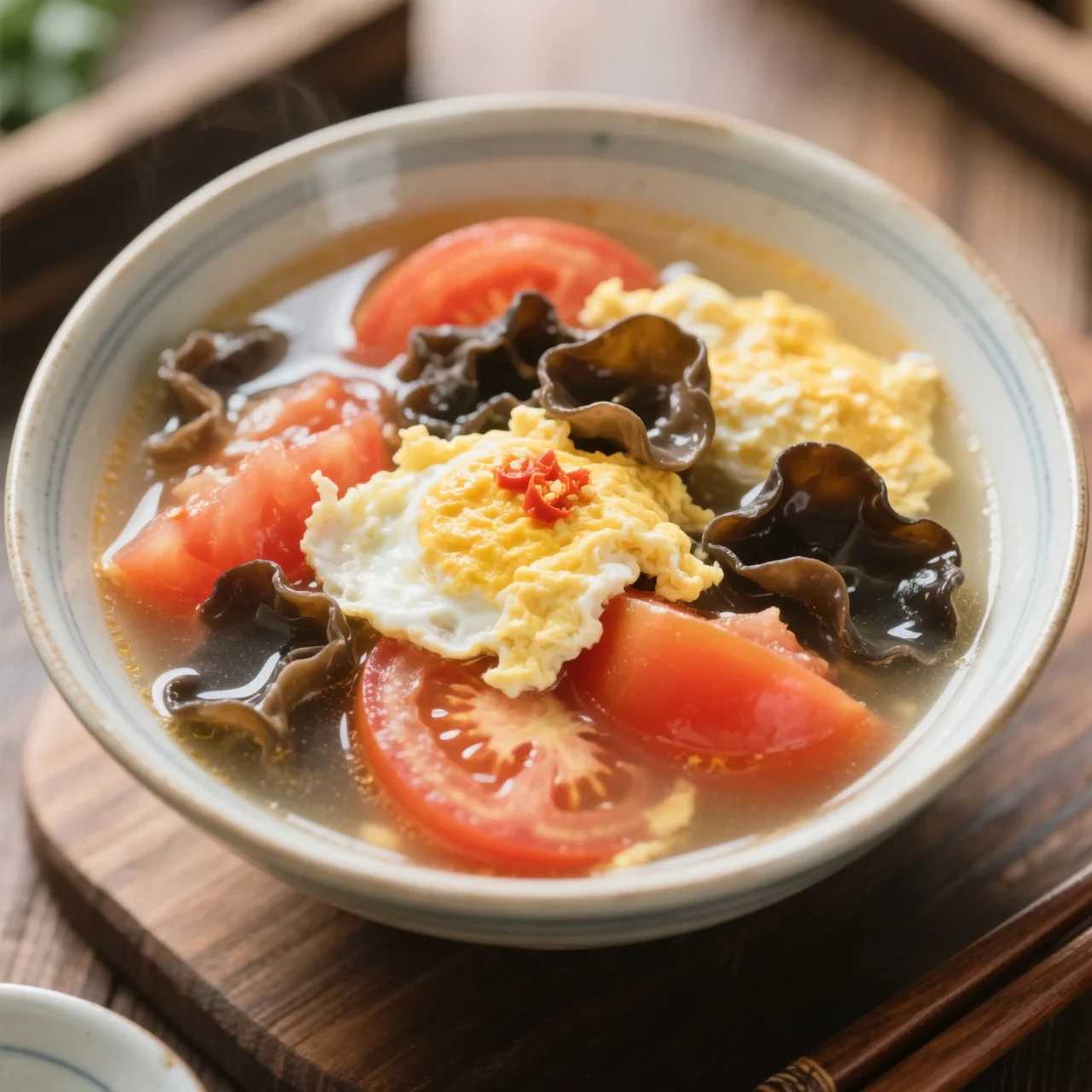 Soupe aux champignons noirs, tomate et œuf