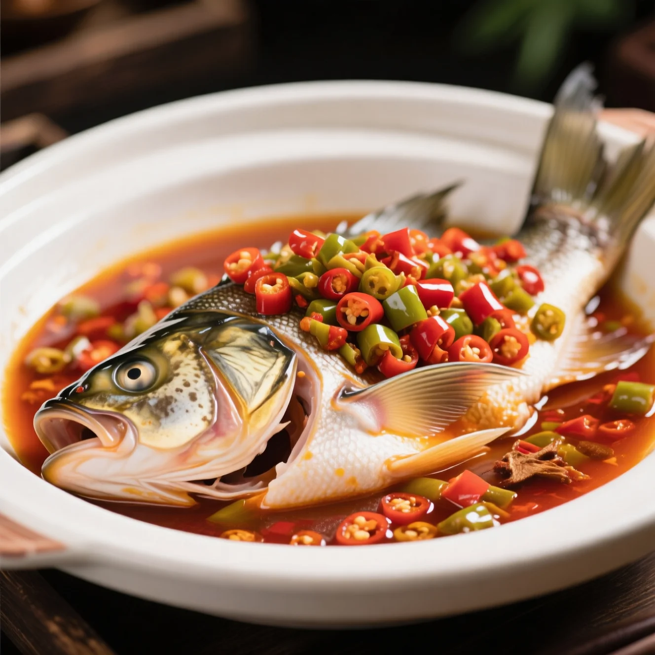 Tête de poisson à la vapeur aux piments marinés épicés