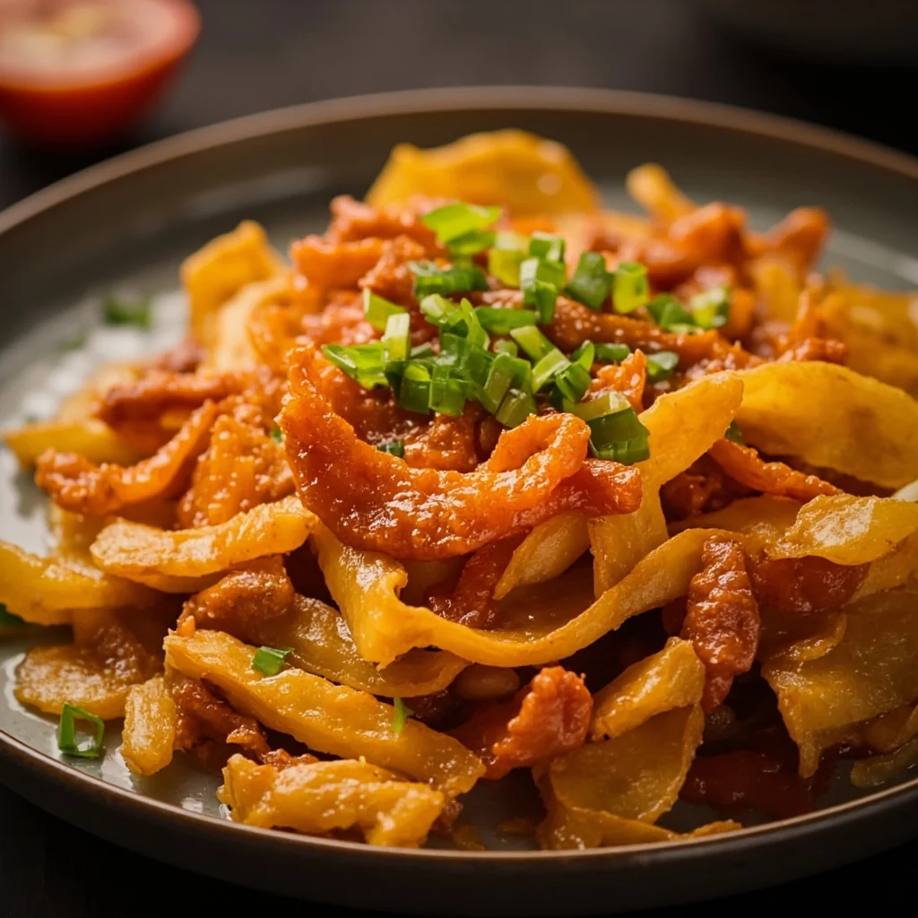 Bâtonnets de tofu frits avec lamelles de patate douce sautées