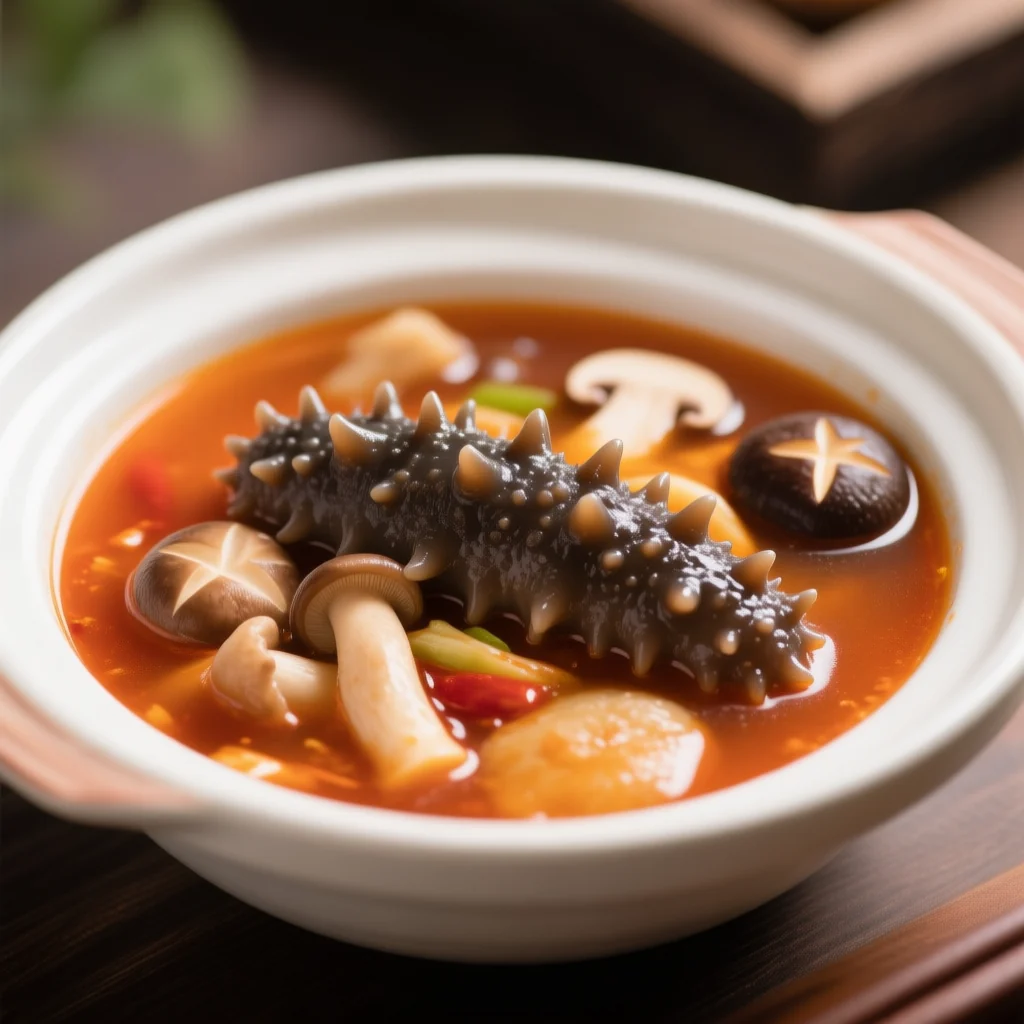 Soupe aigre-douce de concombre de mer et champignons variés