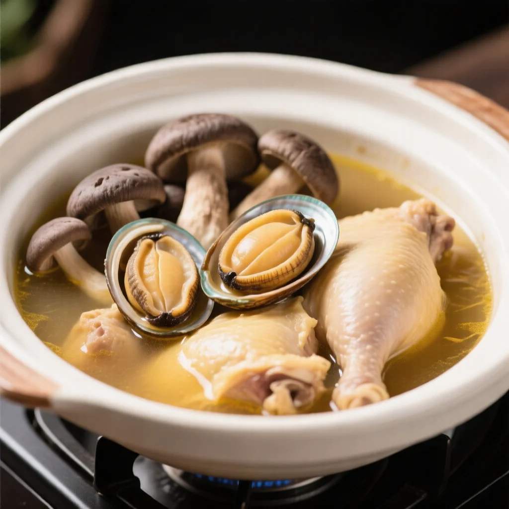 Soupe de poulet aux abalones fraîches et maitake
