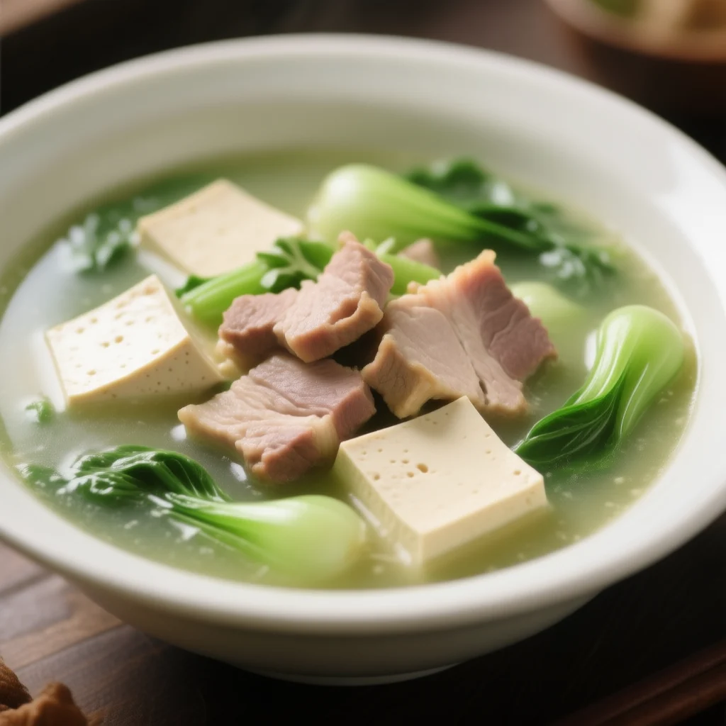 Soupe de légumes verts au tofu et au porc