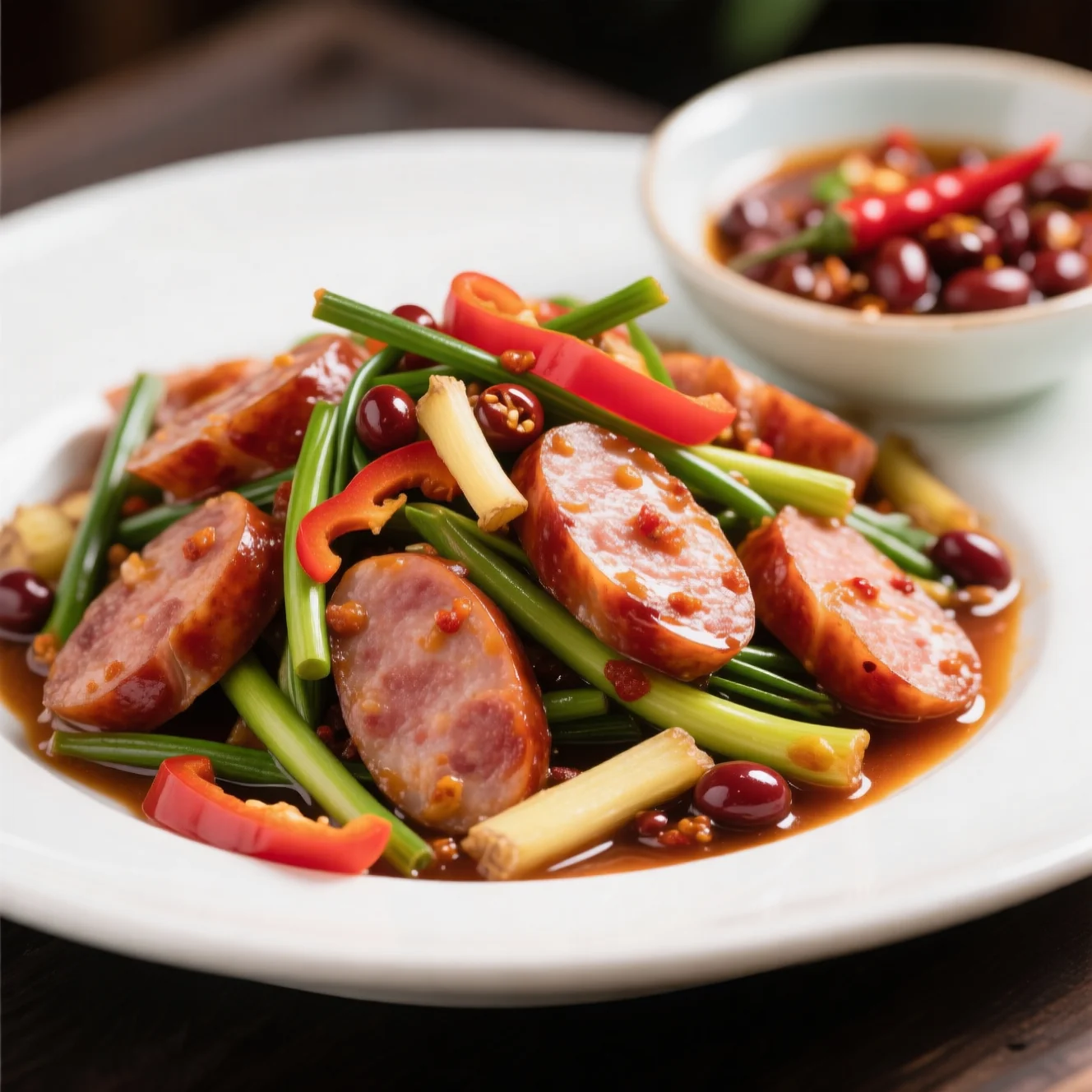 Sauté de tiges d'ail à la saucisse chinoise