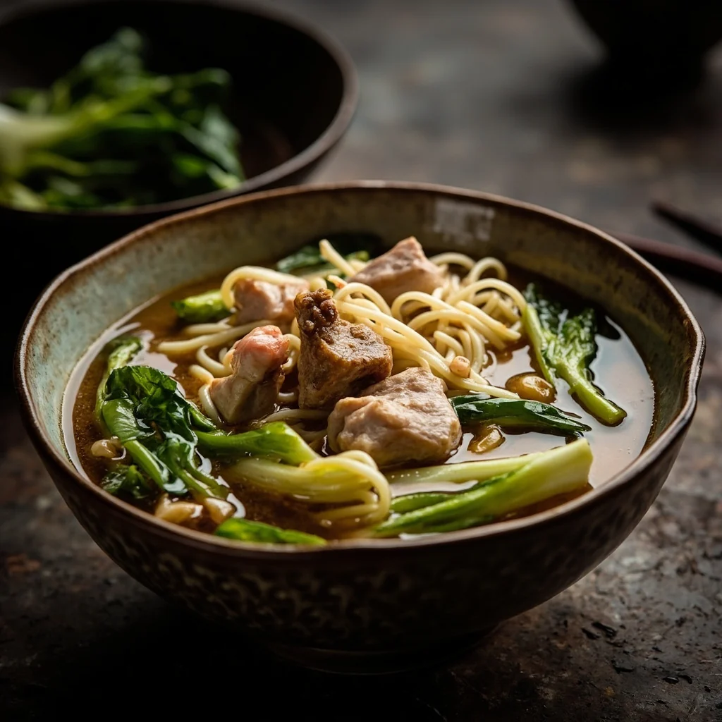 Soupe aux os de canard aux nouilles de verre et au bok choy