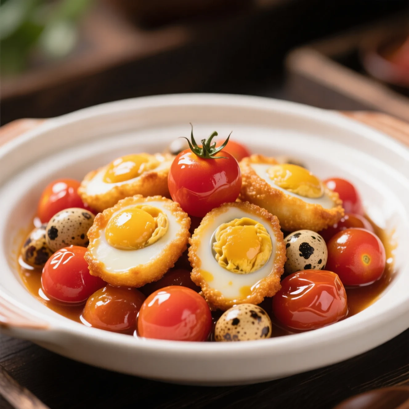 Tomates cerises et œufs de caille braisés