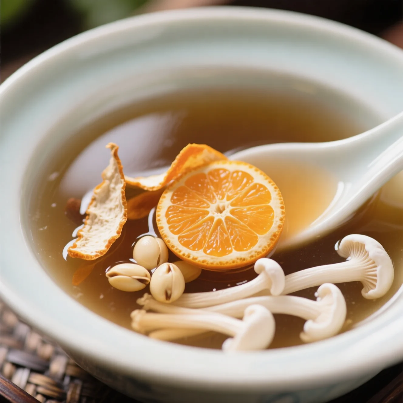 Soupe aux écorces de mandarine, graines de lotus et champignon blanc