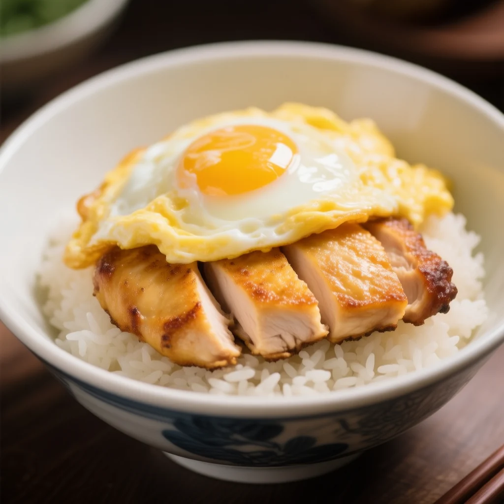 Steak de poulet aux œufs soyeux sur riz