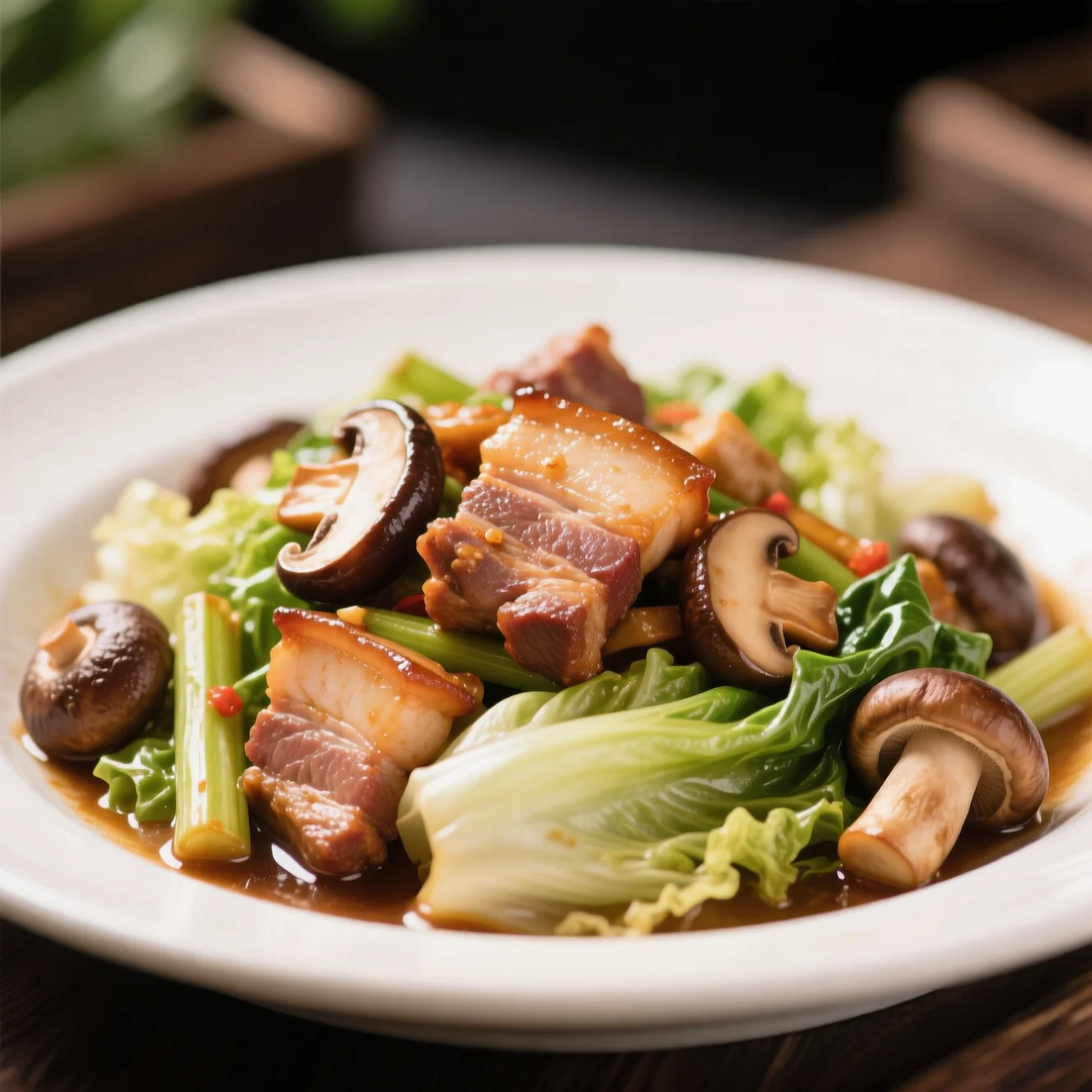 Porc sauté avec laitue et champignons