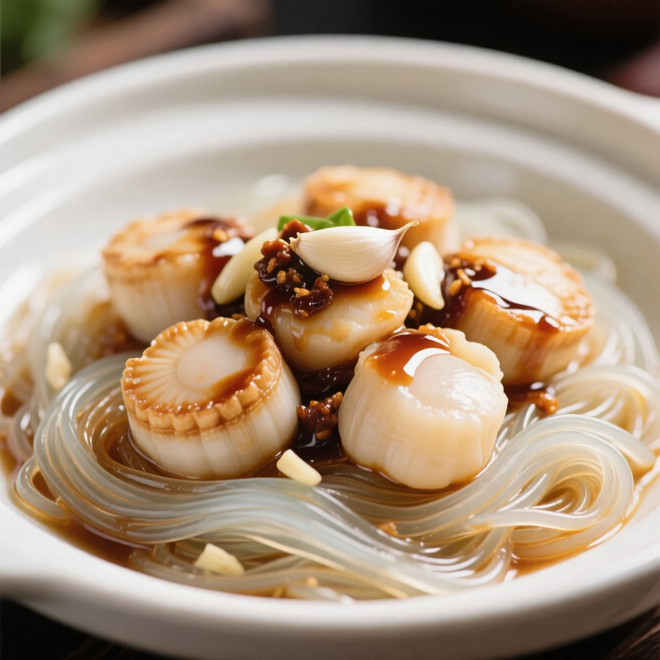 Saint-Jacques à la vapeur avec vermicelles de verre et ail