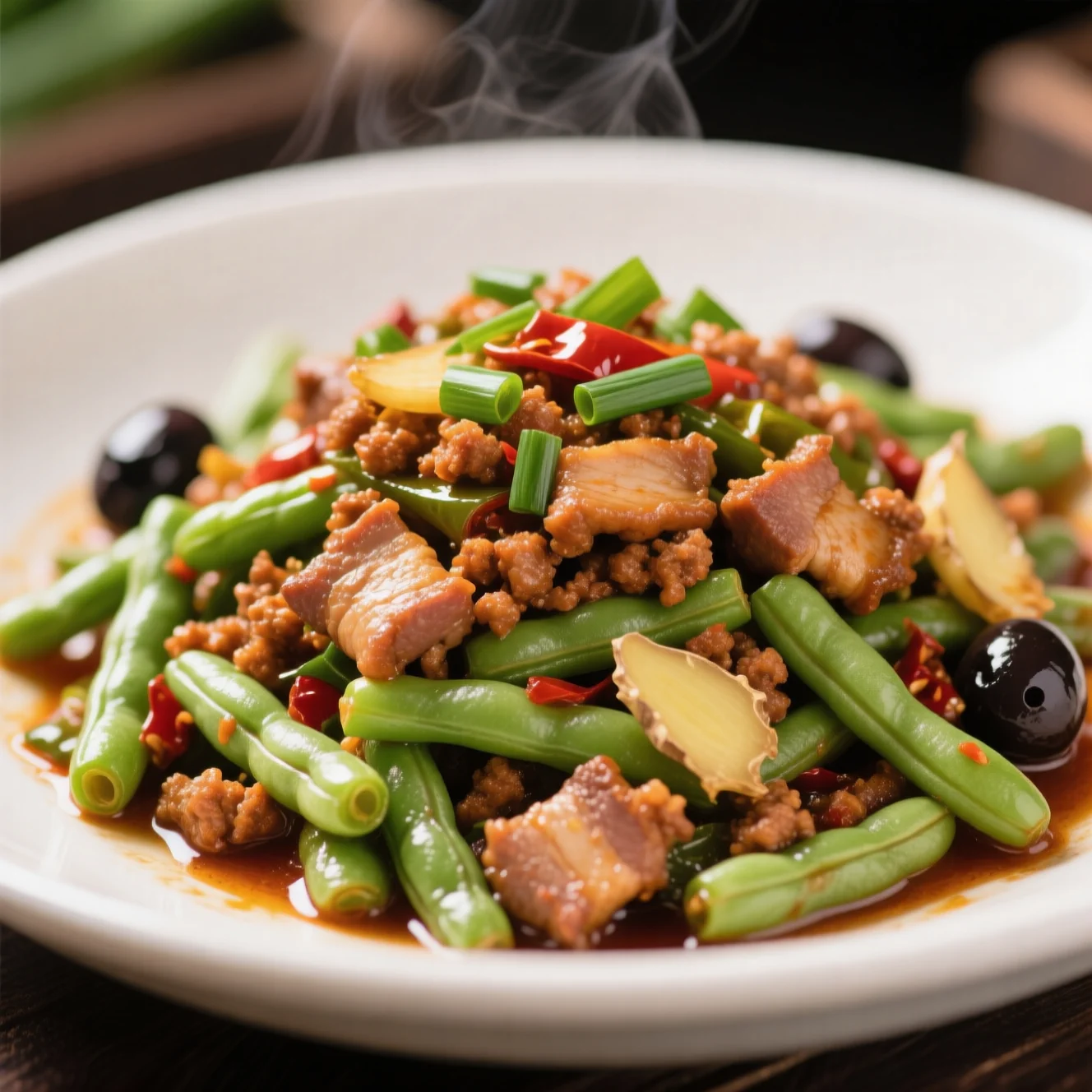 Haricots verts épicés au porc et olive