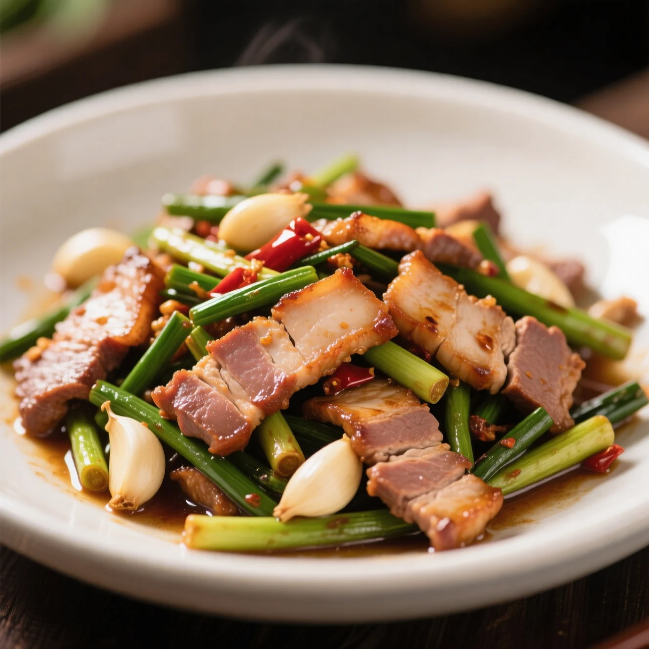 Porc sauté aux tiges d'ail