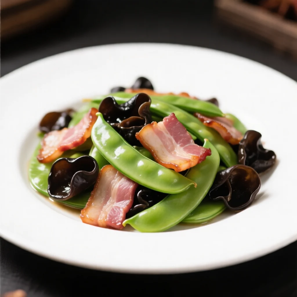 Stir-Fried Snow Peas, Wood Ear Mushrooms, and Bacon