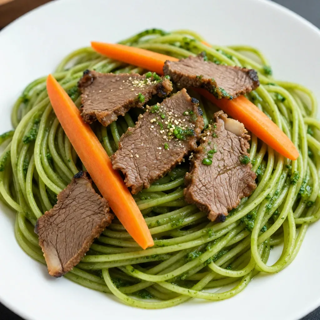 Nouilles de bœuf sautées au pesto maison