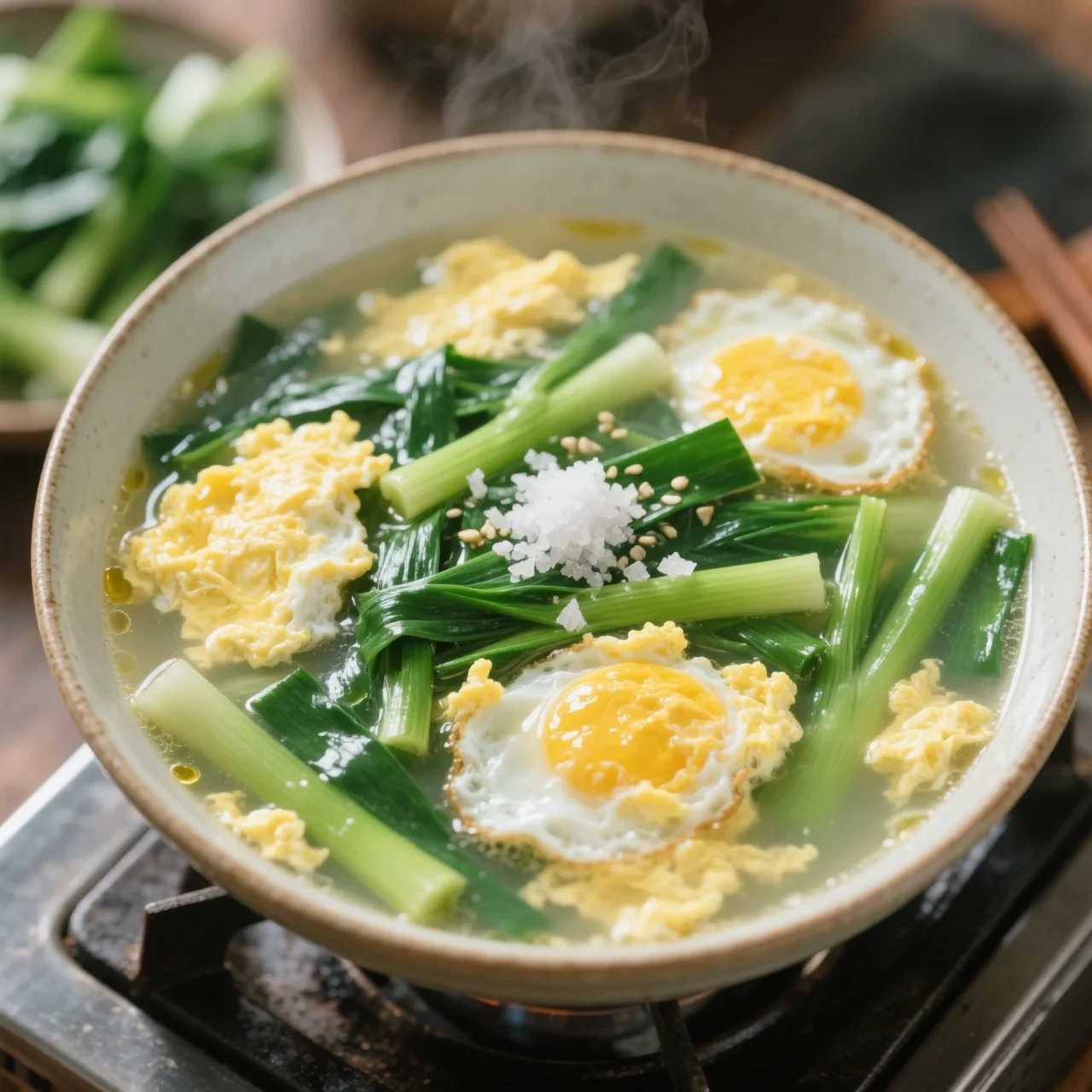 Soupe aux ciboules chinoises et œufs pochés