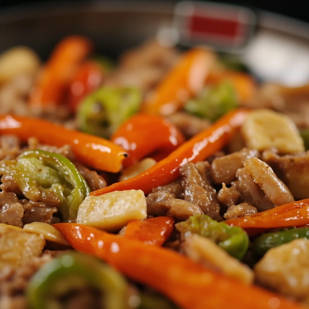 Viande coupée en cubes sautée aux légumes variés