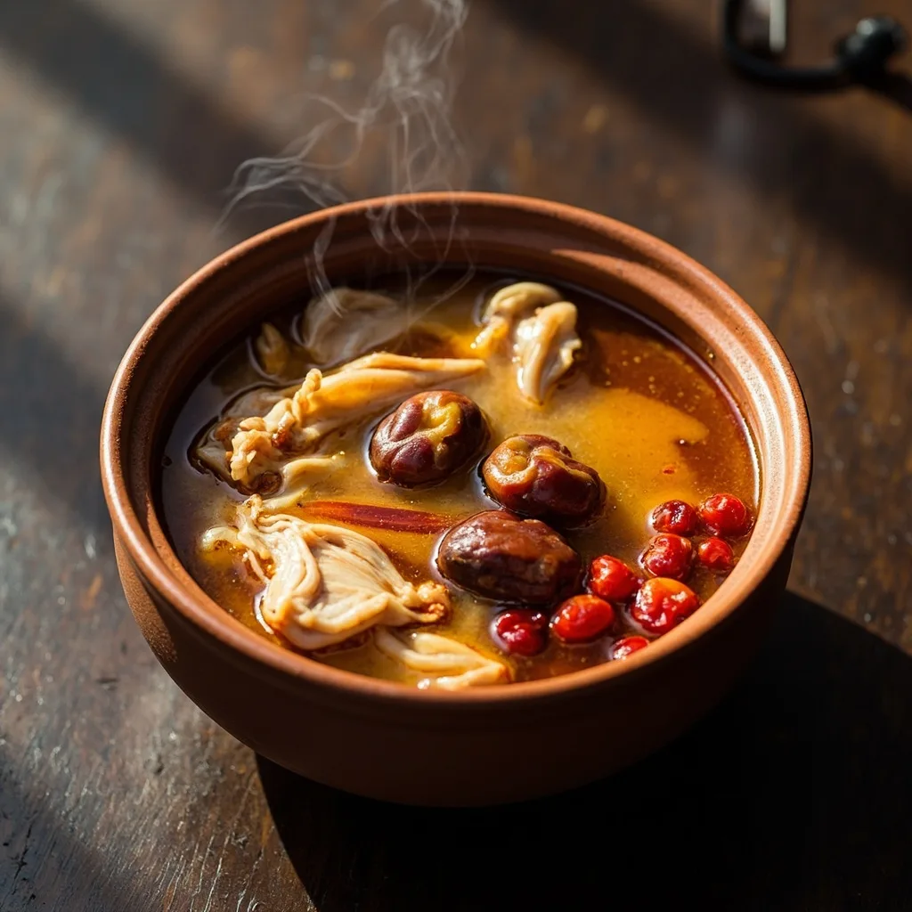 شوربة الدجاج المطبوخة بالجينسنغ الأمريكي والتمر الأحمر
