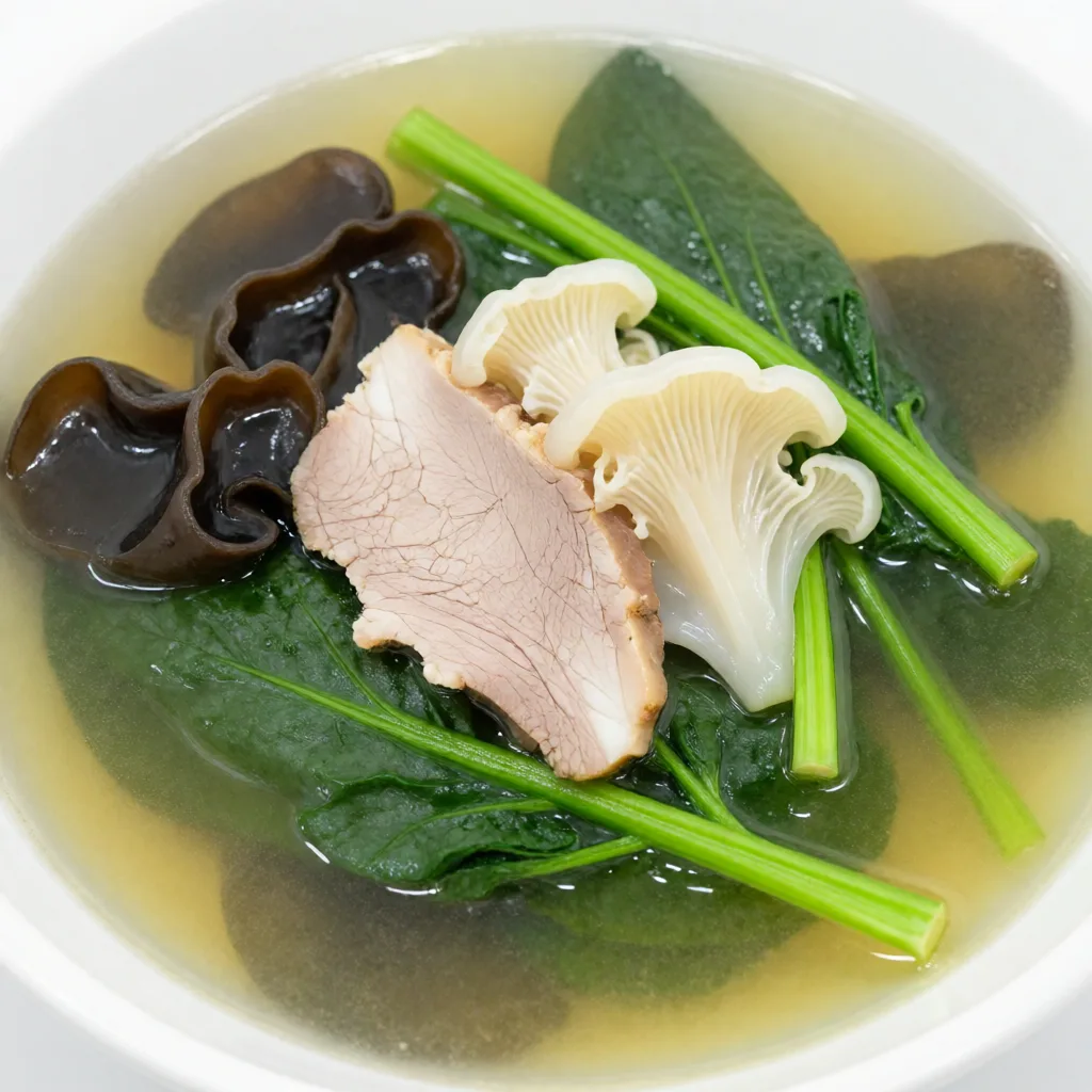 Soupe d'épinards au fongic neigeux et à l'oreille de bois