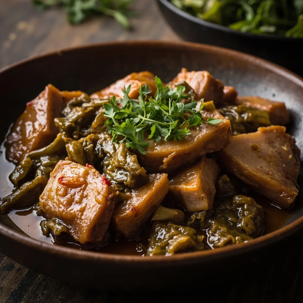Poitrine de porc braisée aux moutardes vertes conservées