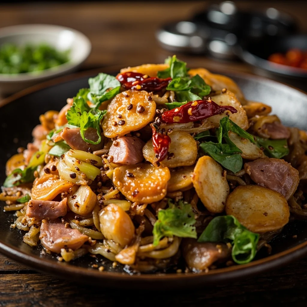 Gâteau de fougère sauté avec céleri et jambon