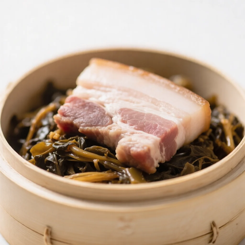 Poitrine de porc vapeur avec légumes verts de moutarde conservés (Shao Bai)