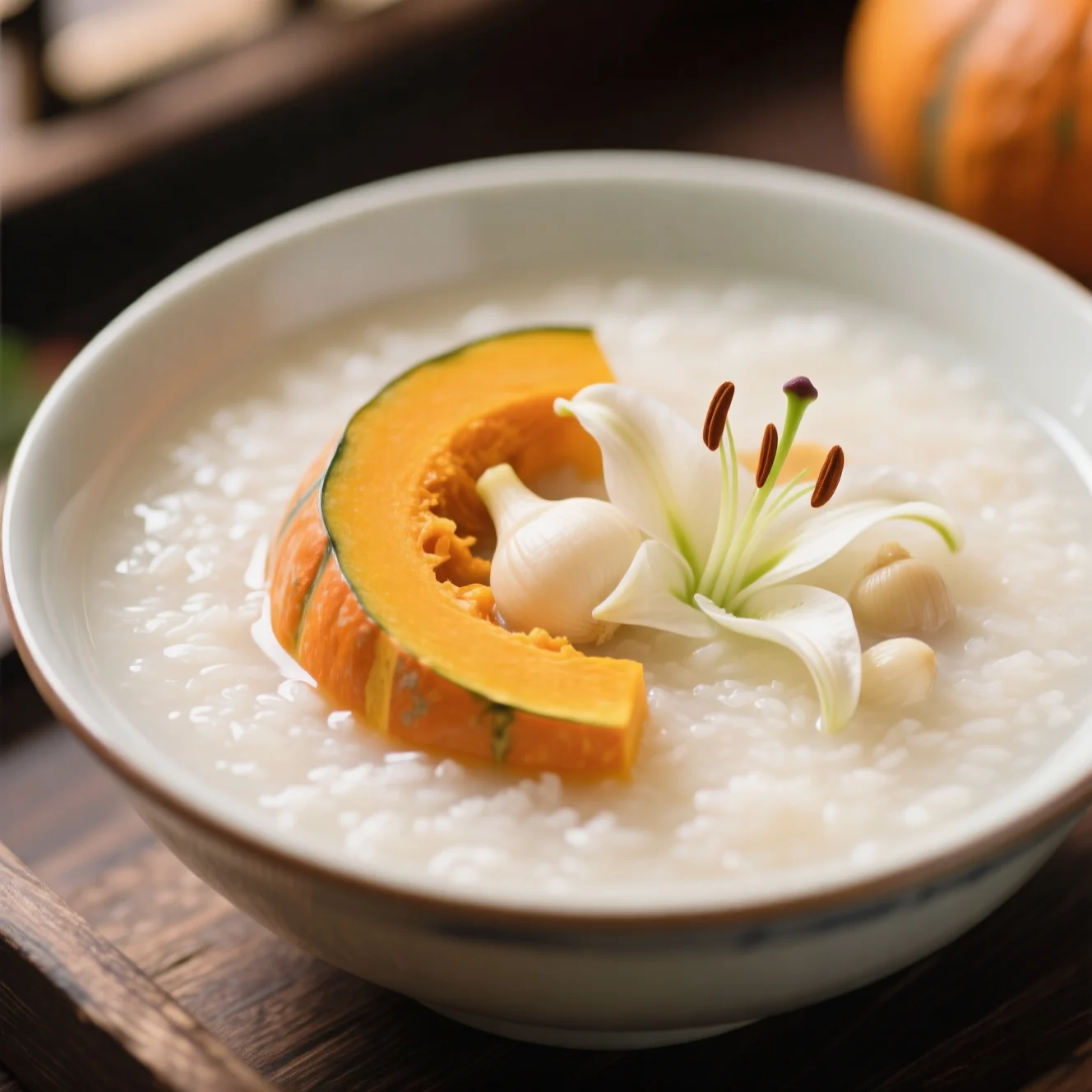 Congee onctueux à la citrouille et aux bulbes de lis