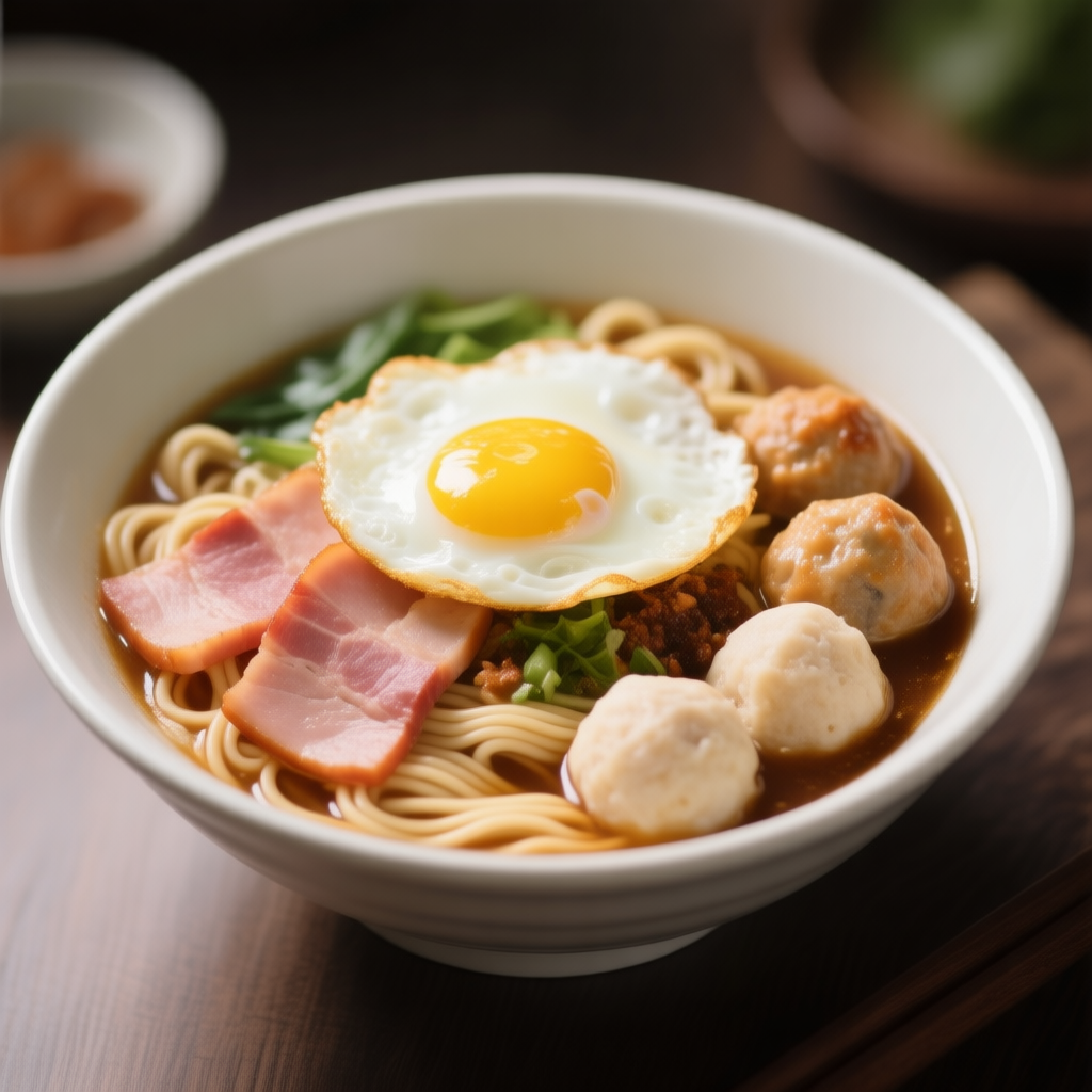 Bol de nouilles salées au jambon, aux boules de poisson et à l'oeuf