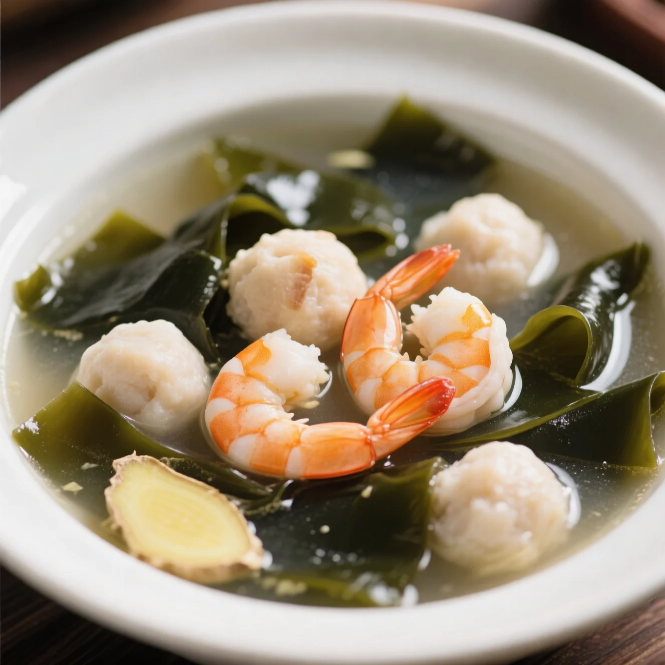 Soupe aux boulettes de mérou, crevettes et algues