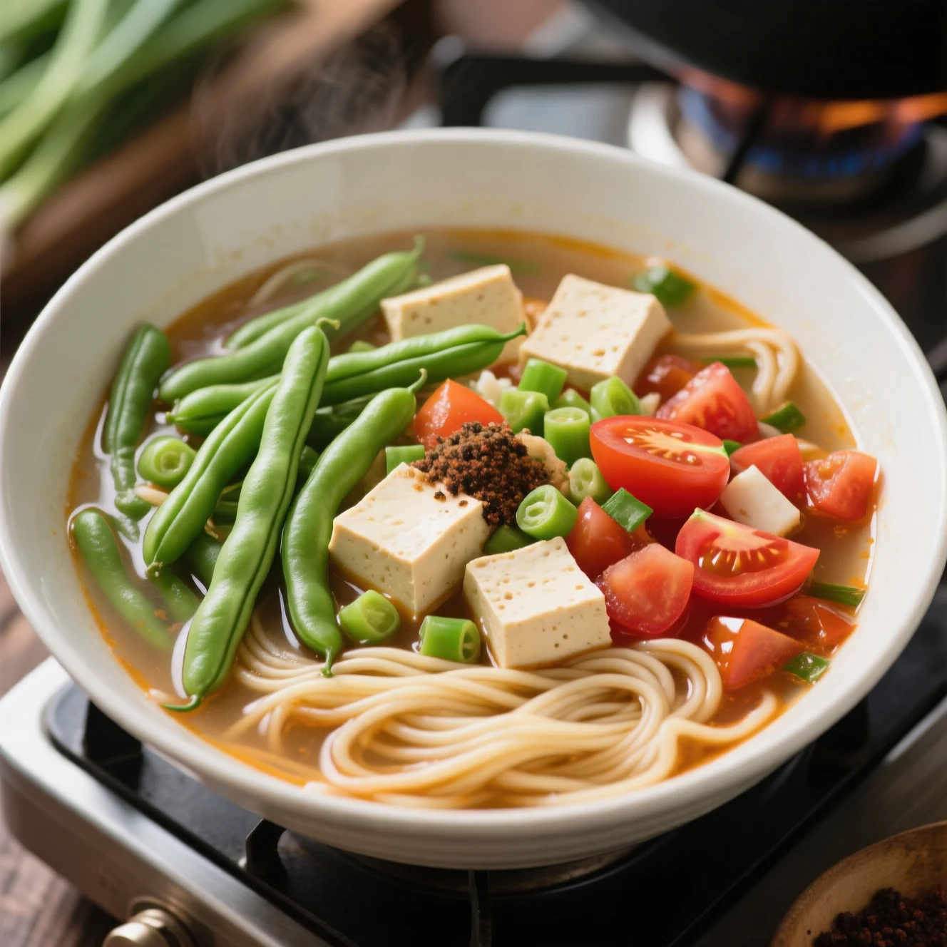 Soupe de nouilles aux haricots verts et tomates