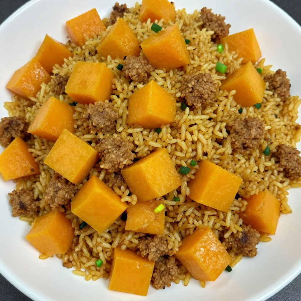 أرز مقلي باليقطين واللحم المكعب