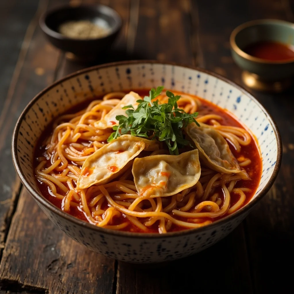 Bol de Nouilles et Wontons à l'Huile Rouge de Chongqing