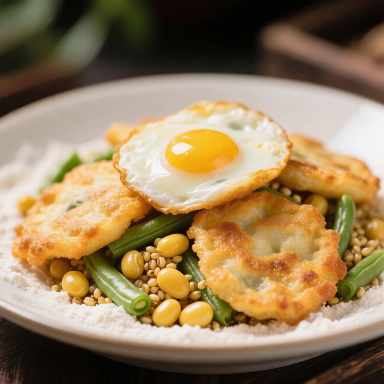 Beignets salés au millet, haricots et œufs