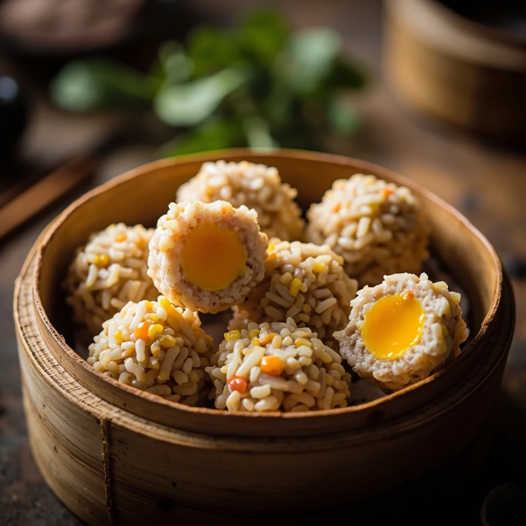 Boulettes de viande aux perles de riz gluant et jaune d'œuf salé