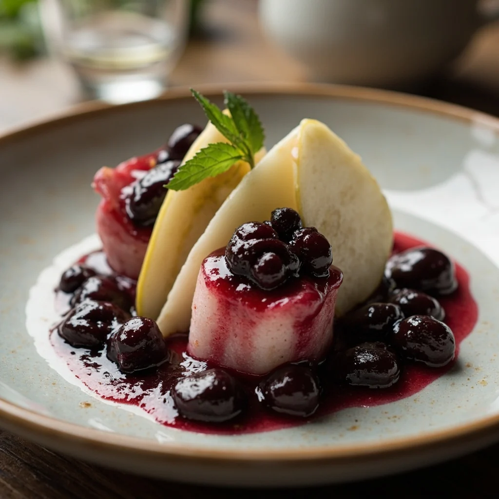 Lanières de Poires avec Sauce aux Myrtilles