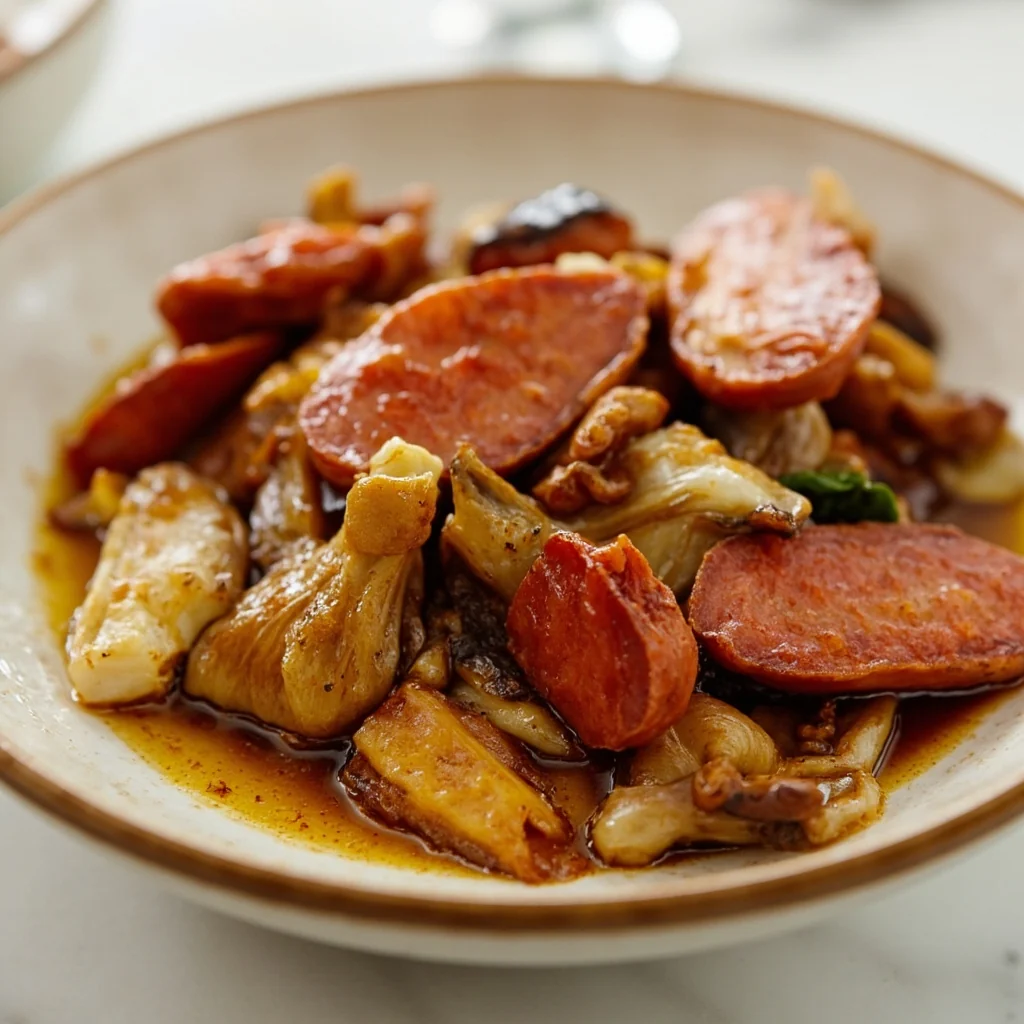 Pleurotes du panicaut sautées à la saucisse chinoise