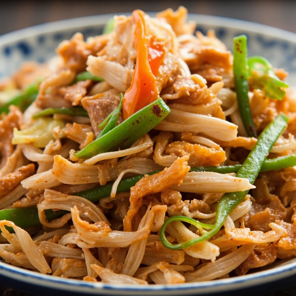 Pousses de saule de pin sautées avec porc effiloché